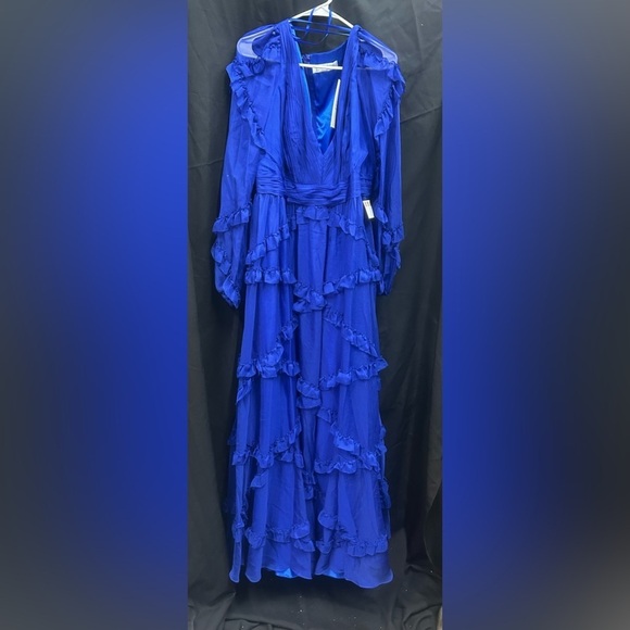 Mac Duggal A68223 NWT Blue Cascade Ruffle Puff Sleeve A Line Gown - Picture 4 of 10